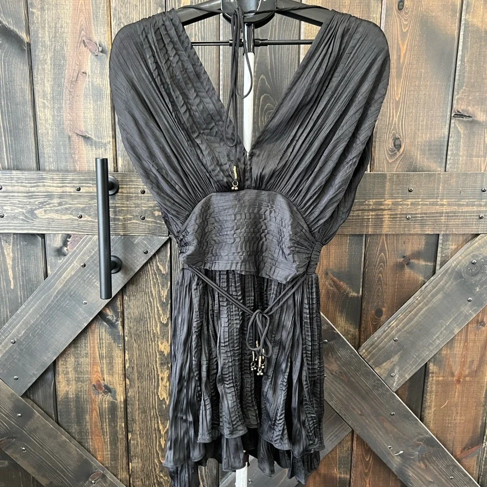 Free People Bonnie‎ Mini Dress Size XS Black Textured Flowy Boho Tie Back